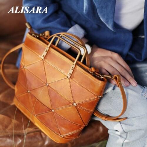 Womens bag Retro literary original handbag geometric stitching small tote bag casual leather dumpling bag female Japanese bag