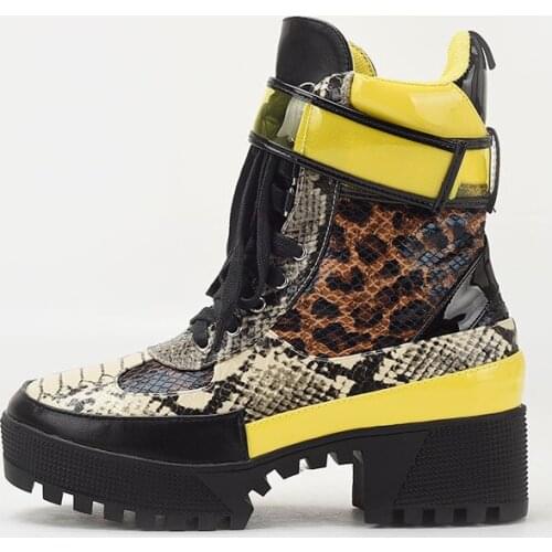 Yellow leopard square heel boots female women fall boots 2021 brown heels for women 2021