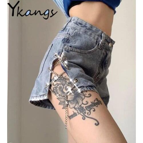 With Chain Side Split Gothic Hip Hop Summer Fashion High Waist Denim Shorts Women Vintage Korean Aesthetic Jeans Shorts Female