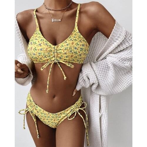 Swimwear Women 2021 Yellow Floral Printed Bikini Sets Straps Ruched Drawstring Bra Tie Up Thong Swimsuit Brazilian Bathing Suit