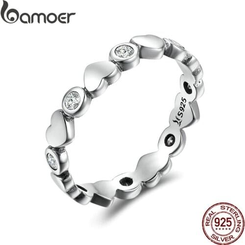 BAMOER Genuine 925 Sterling Silver Stackable Ring Love Heart Forever Finger Rings for Women Wedding Engagement Jewelry SCR164