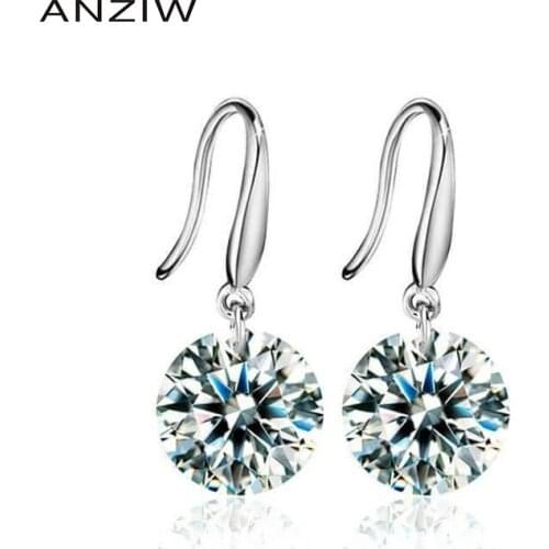 ANZIW Fashion 925 Sterling Silver Round Cut CZ Hook Earrings Silver Stud Earring Women Wedding Party Solitiare Earring