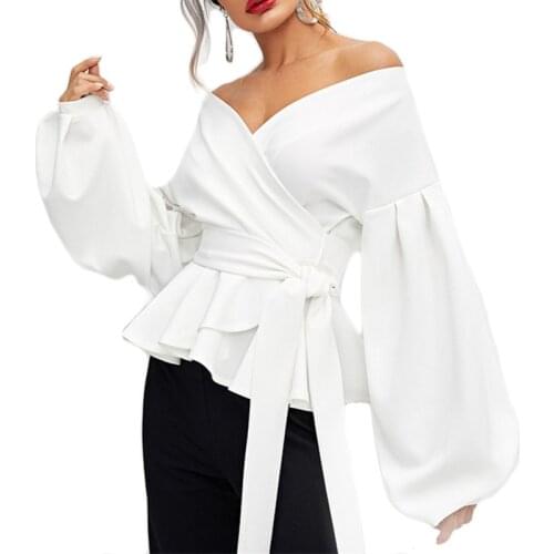 CINESSD Sexy V Neck Lantern Sleeves Women Blouses White Tops Solid Ruffles Bow Knot Lace Up Casual Shirts 2020 Black Lady Blouse