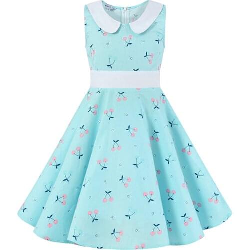 2021 Vintage Dress for Children Kids VD1151 Pink Blue Swing Cotton Retro Cherry Floral Print Summer Dress for Girl Cute