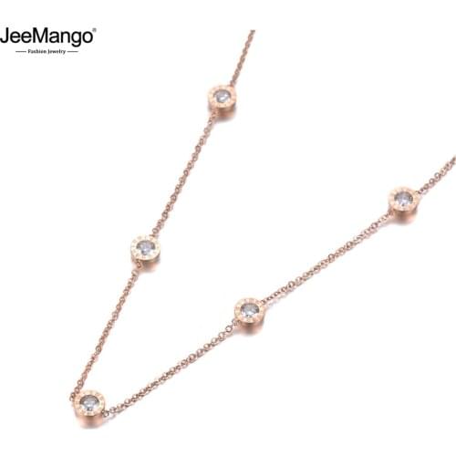 JeeMango Trendy Titanium Steel 5Pcs Roman Numeral CZ Crystal Charm Pendant Jewelry Rose Gold Wedding Necklaces For Women JN19101