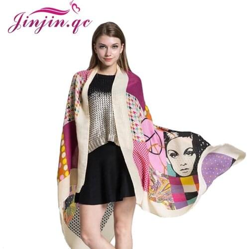 Jinjin.QC Womens Long Scarf Winter Geometry Girl Printed Cotton Scarves And Wraps Female Bandana 2019 New Fashion Shawls