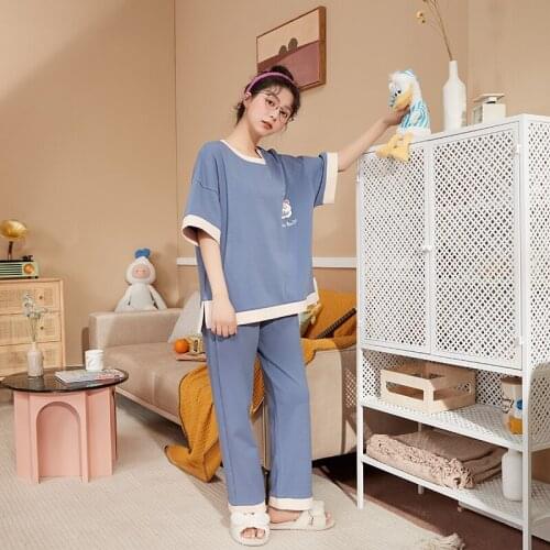 Summer Blue Pajamas Set For Women Cotton Soft Short Sleeve Nightwear Japanese Style Cute Cartoon Women T-shirt Sleepwear