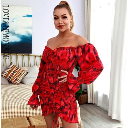 LOVE&LEMONADE Sexy Tube Top Red Abstract Print Elastic Lantern Long Sleeve Slim Mini Dress LM82720-1