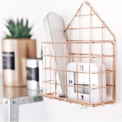 Rose Gold Metal Storage Basket Desk Scandinavian Iron Elegant Hangable Storage Organizer Decor Toys Basket for Home Kitchen