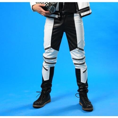 Stage personality men pants white black splice pant mens trousers singer dance rock pantalon homme street star style novelty