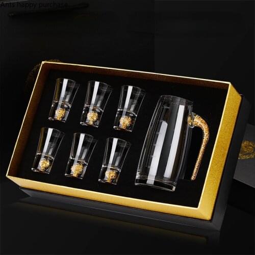 Transparent Wine Glass Set Gift Box Water Glass Cup Wine Dispenser Flagon Hip Flasks Drinkware Wines Pot Cup Set Wooden Pallets