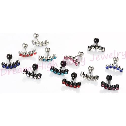 Newest Ear Stud 5 Crystal CZ Gem Clear Curved Crystal Cartilage Upper Earring Helix Bar Barbell Black 316L Stainless Steel