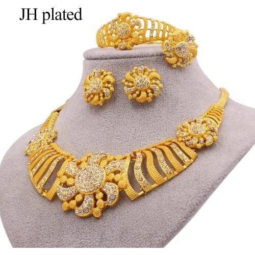 24K gold color new luxury jewelry sets for women African wedding gifts bridal party bracelet necklace earrings ring collares set