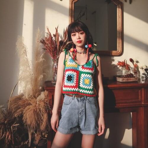 Beach Bohemian Hollowed-Out Girl Japanese-Style Patchwork-Back Knit Halter Top Women Crocheting Summer Resort Bikin