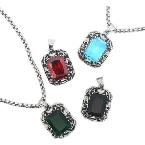 4 Color Unisex 316L Stainless Steel Punk Gothic Skull Stone Pendant Newest Free Chain