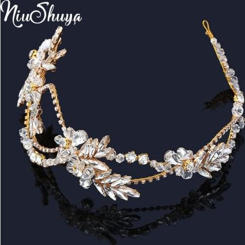 NiuShuya Luxury European Headband Flower Clear Rhinestones Gold Leaf Wedding Hair Vine Headband Bridal Headpiece