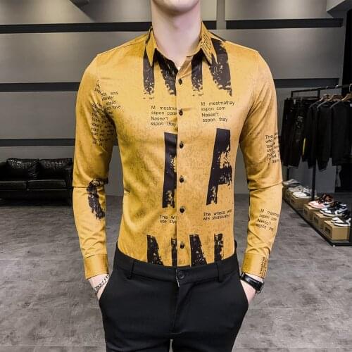 Print Slim Letter Fit Long Sleeve Dress Shirts Club Party Streetwear Social Tuxedo Clothing Mens Office Wear Luxury Men Shirt