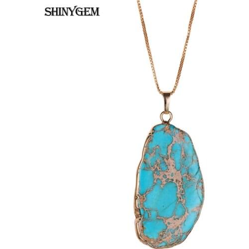 Blue Natural Imperial Stone Necklace Gold Plating Bezel Irregular Sea Sediment Jaspers Pendant Sweater Chains Necklace For Women