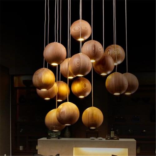 Nordic Ball Wood Pendant Lights Traditional Art Deco Chinese Living Room Hotel Restaurant LED Holder Pendant Lamps Fixtures