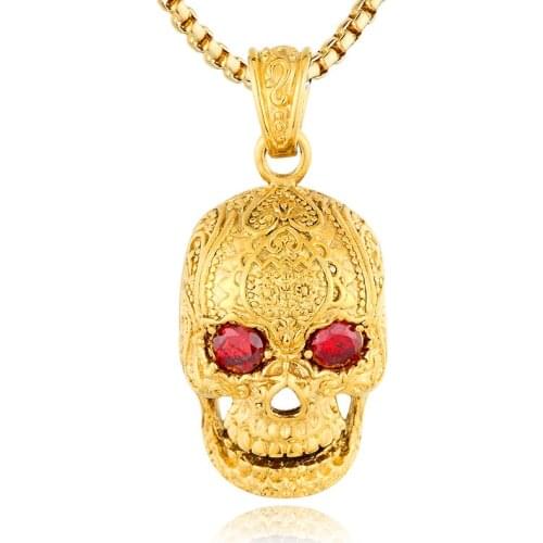 Unique Black gold color Skull with rhinestone eyes Pendant Necklace 316L Stainless Steel Pendant Mens Punk Biker Jewelry Gifts