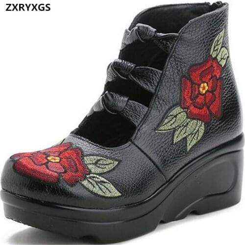 Promotion Classic Embroidered Cowhide Fashion Boots Women Ankle Boots 2021 New Spring Platform Wedges High Heel Boot Women Boots