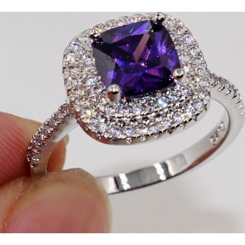 Size 5-11 Cushion Cut Luxury Jewelry 925 Sterling Silver Pave Setting Purple AAA CZ Zirconia Party Wedding Women Band Rings Gift