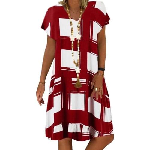 New Plus Size Dresses Women Casual V Neck Short Sleeve Digital Print Loose Knee-length Dress