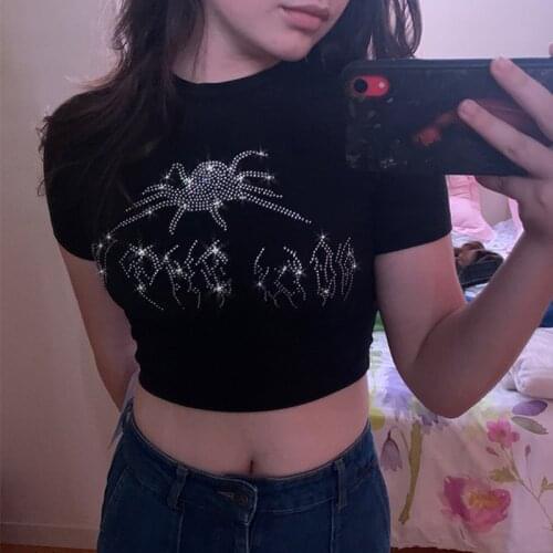 2021 Summer Female Slim T-shirt Y2k Top Shiny Drill Vintage Rhinestone Bling Spider Graphic Black O-neck Short Sleeve Crop Tops