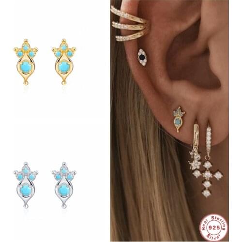 GS 925 Sterling Silver Turquoise Crown Eye Shape Stud Earrings For Women Dainty Blue CZ Crystal Piercing Ear Studs Jewelry