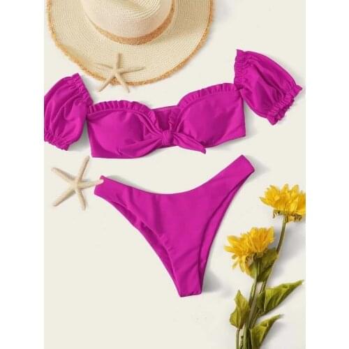 Brazilian Micro Bikinis 2020 Sexy Solid Short Sleeve Front Tie Ruffled Swimwear Bathers Bathing Suit Thong Swimsuit Biquini