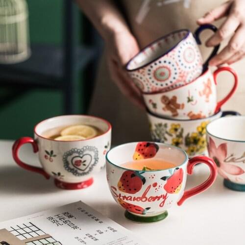 EECAMAIL Hand-painted Mug Oatmeal Milk Pot-bellied Cup Breakfast Cup Large Capacity Water Cup Tea Cup Couple Coffee Cup