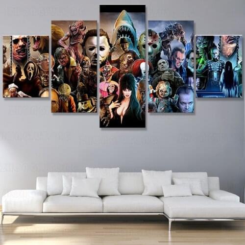 Hd print 5 panel wall art clown movie character poster 5 piece horror movie charactor painting Halloween saw chucky with frame