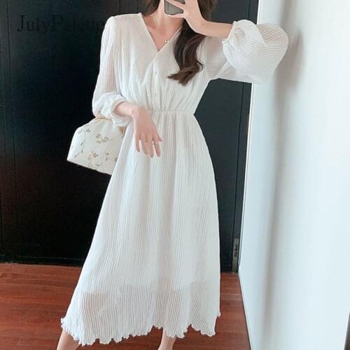 JulyPalette White V-neck Folds Chiffon Dress Elegant Lantern Sleeve Ladies Party Dresses Spring Summer A-line Vestidos Femme