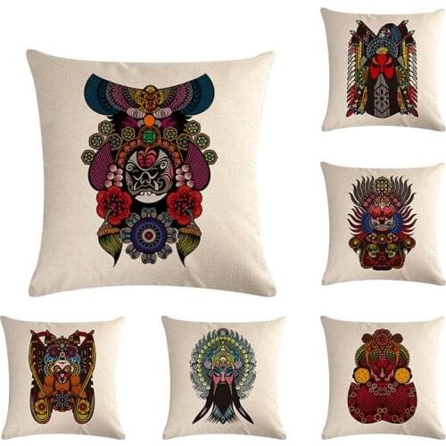 China Traditional Peking Opera Mask Plain Pillow Cover Cartoon Linen Cushion Covers Living Room Home Decoration Pillowcase ZY523