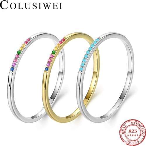 Colusiwei Stackable 925 Sterling Silver Pave Rainbow CZ Rrings Fashion Blue Turquoise Rings for Women Wedding Statement Jewelry