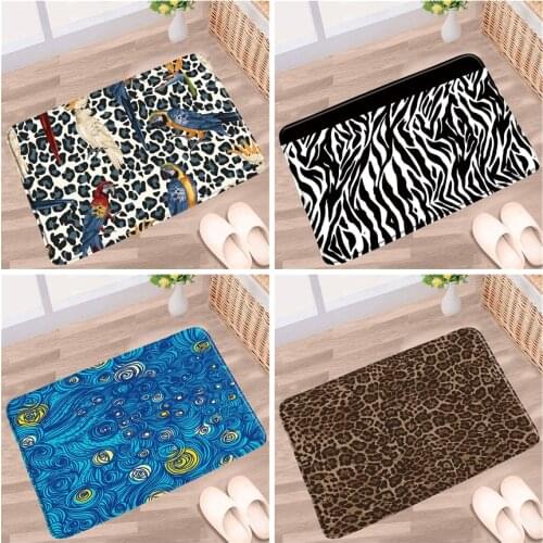 Modern Leopard Print Bathroom Mat Parrot Wave Animal Textured Black White Non-slip Rugs Flannel Home Bath Kitchen Doorway Carpet