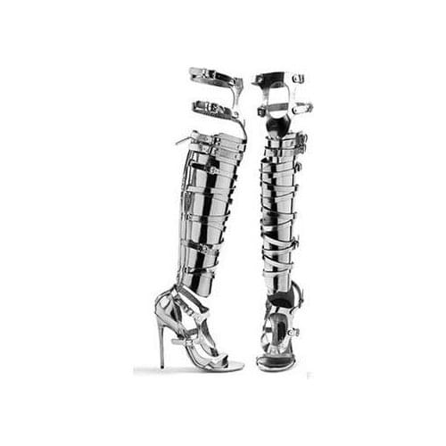 Big Size 10 Cheap Price Hottest Gold Silver Patent Leather Gladiator Sandals Boots For Women Cut-out Knee High Sandals Boots