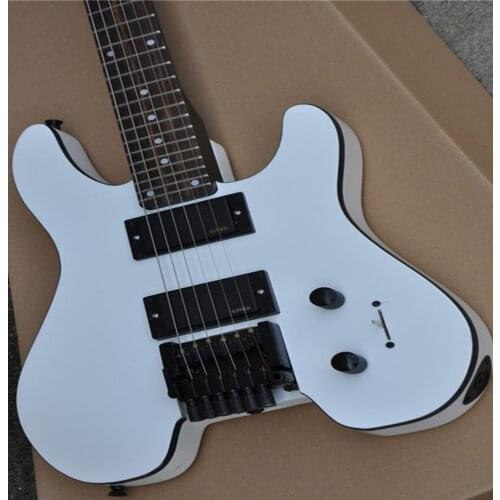 New white headless electric guitar with HH pickup, vibrato, black hardware, provide customized free transportation