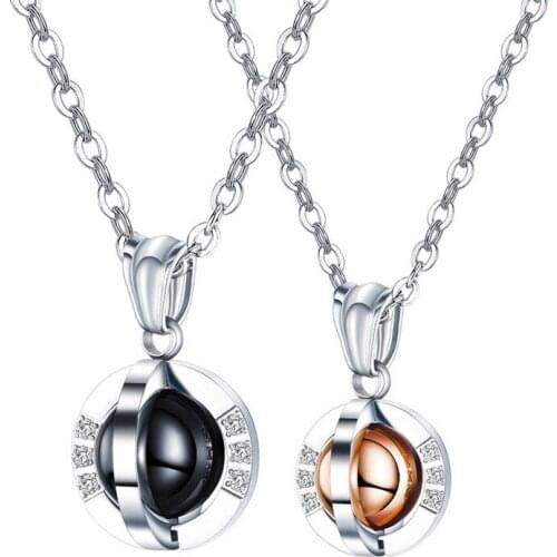 Stainless Steel Diamond Necklace Two-tone Couple Pendant Rotatable Ball Pendant Necklace Valentines Day Gift Jewelry