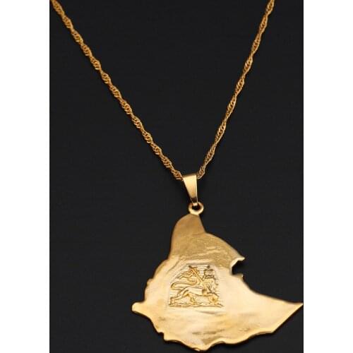 Ehiopian Map Pendant Necklaces Women Men Gold Color Lion Map ChainJewelry