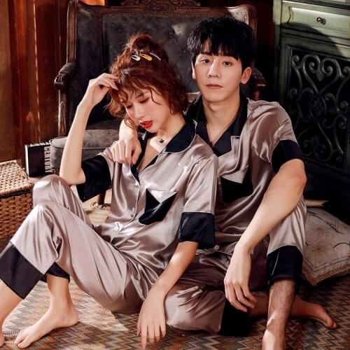 Unisex Adult Couple Summer Long-sleeved 2 Pieces Ice Silk Female Pajamas Set Long Sleeve Men Home Service Suit pajama womens