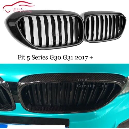 Front Hood Kidney Grille Mesh 1-slat Carbon Fiber Gloss Black For BMW 5 Series G30 G31 2017 + 520i 530i 540i M550i M5 F90