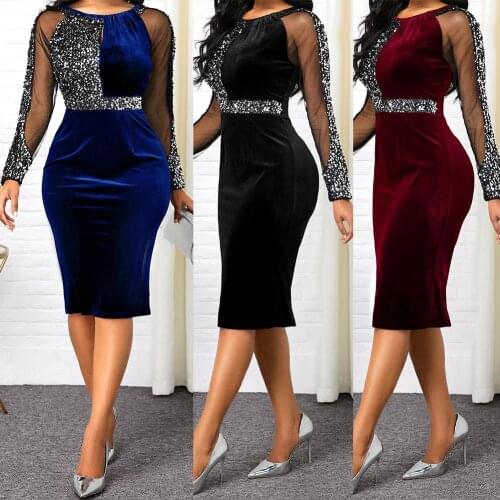 Sexy Dress Women See Through Sheer Long Sleeve Women Dress Shiny Sequin O-Neck Plus Size 5XL Dresses for Women Bodycon Dress
