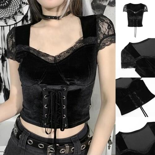 Sexy T-Shirts Goth Vintage Sexy Lace Trim Corset Tops Elegant Gothic Short Sleeve Summer T Shirt