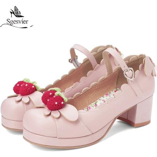 Sgesvier Princess Lolita Girls Mary Janes Shoes Women Sweet Party Dress Cosplay Wedding Pumps Chunky Med Heels Strawberry
