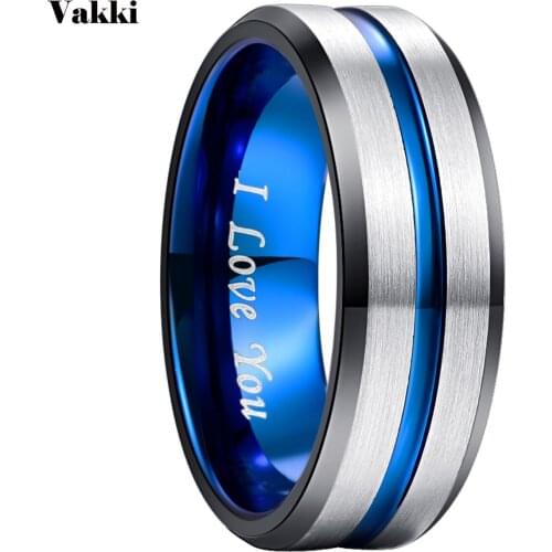 VAKKI 8MM Blue Inside Groove Tungsten Carbide Ring for Men Promise Engagement Wedding Bands Men Women Gift