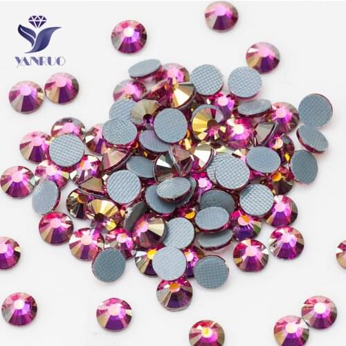 YANRUO 2058HF Fuchsia AB Rhinestones Hotfix Glass Crystal Iron on Cristal Shiny Gems Beads Stones For Wedding Dresses