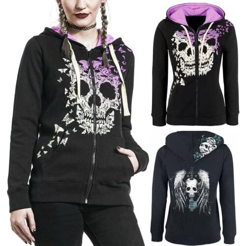 Plus Size Halloween Sweatshirts Womens Zipper Long Sleeve Skull Print Sweatshirt Hoodies Streetwear Coat Sudaderas Con Capucha