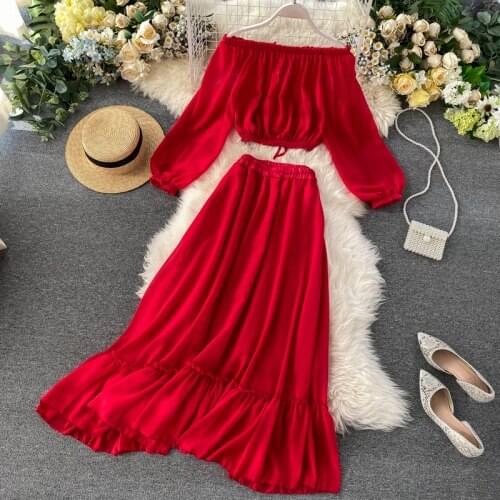 Women Summer 2 Pieces Sets Solid Slash Neck Short Sleeve Chiffon Blouse+ Stretch Waist Ruffles Female Skirts Fashion Suit Outfit
