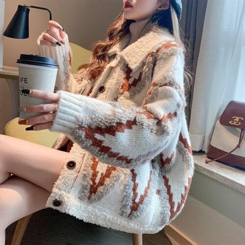 2021 Womens Casual Thick Warm Loose Knitted Jumper Cardigan Female Winter New Long Sleeve Single-breasted Printed Sweater N43